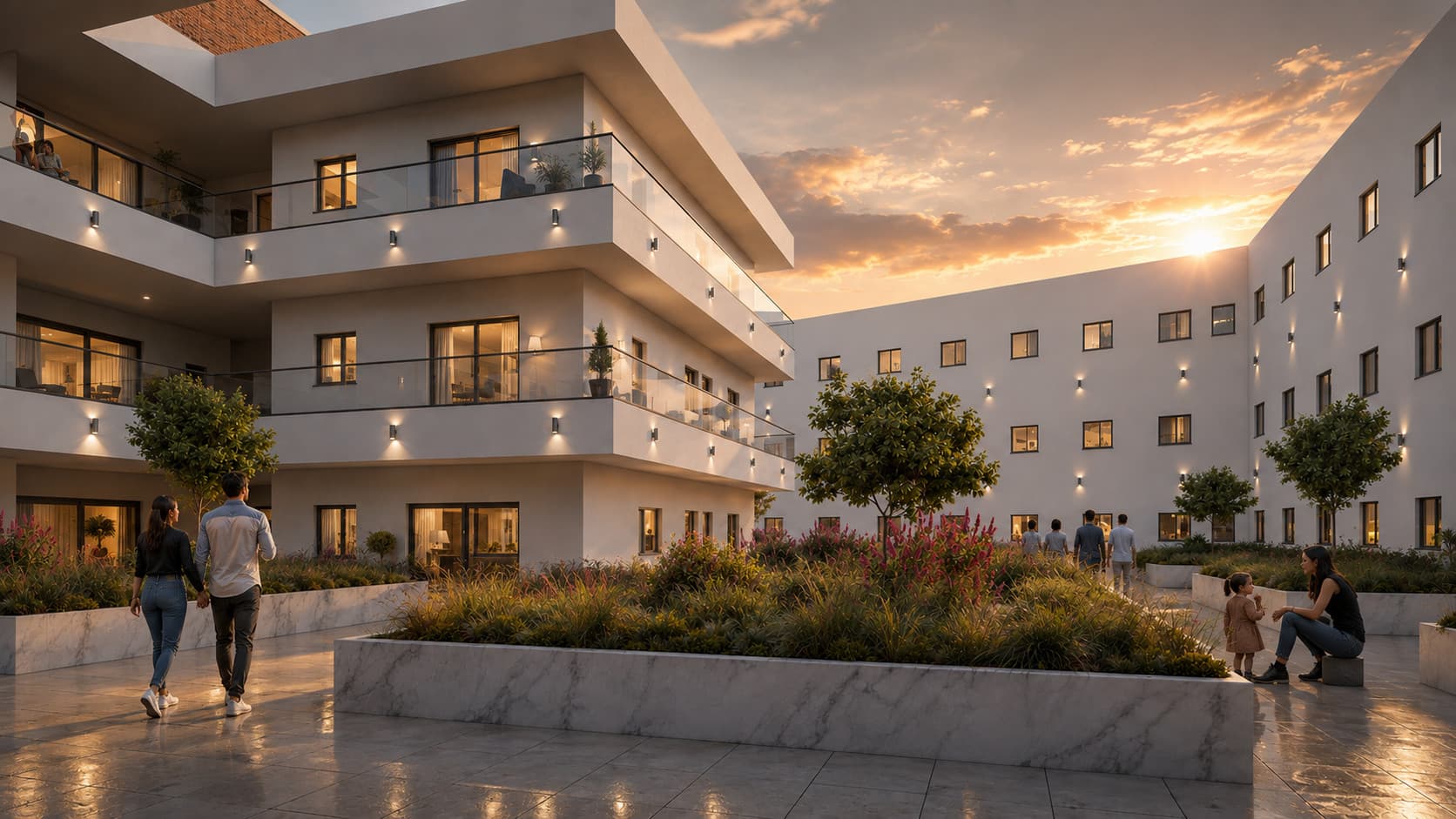 CGI of the landscaped courtyard at Whitefriars, Hull at sunset